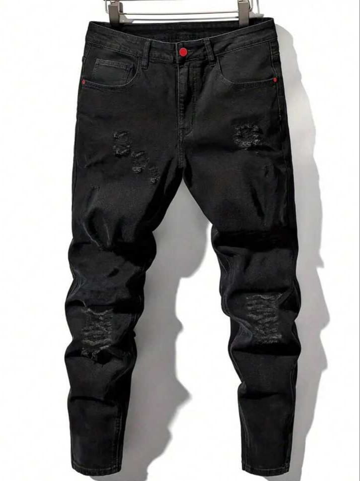 DEVIL-DENIM Men's Black Fashion Stretchy Distressed Denim Jeans